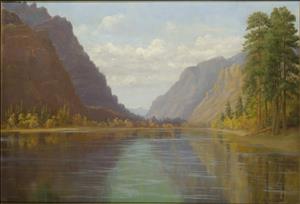 This painting depicts a foreground of placid water that reaches to the middle ground where it is flanked by tall trees and high bluffs. The background has a distant hill and sky with white clouds. A cluster of tall evergreens are on the right of the composition with additional evergreens and deciduous trees in autumn foliage hugging both sides of the river bank.